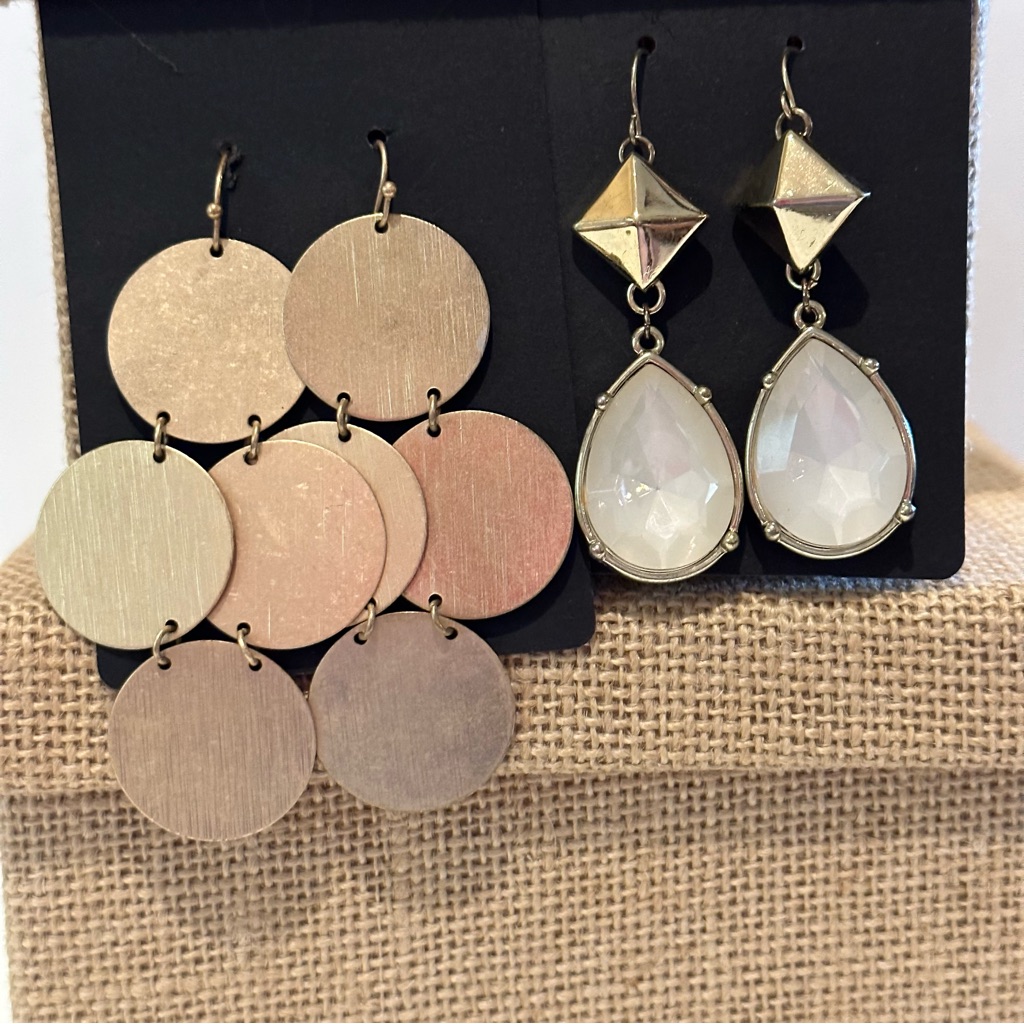 2 Pairs Dangle Earrings, Gold Tone - Matte Circles & Faceted White Teardrop